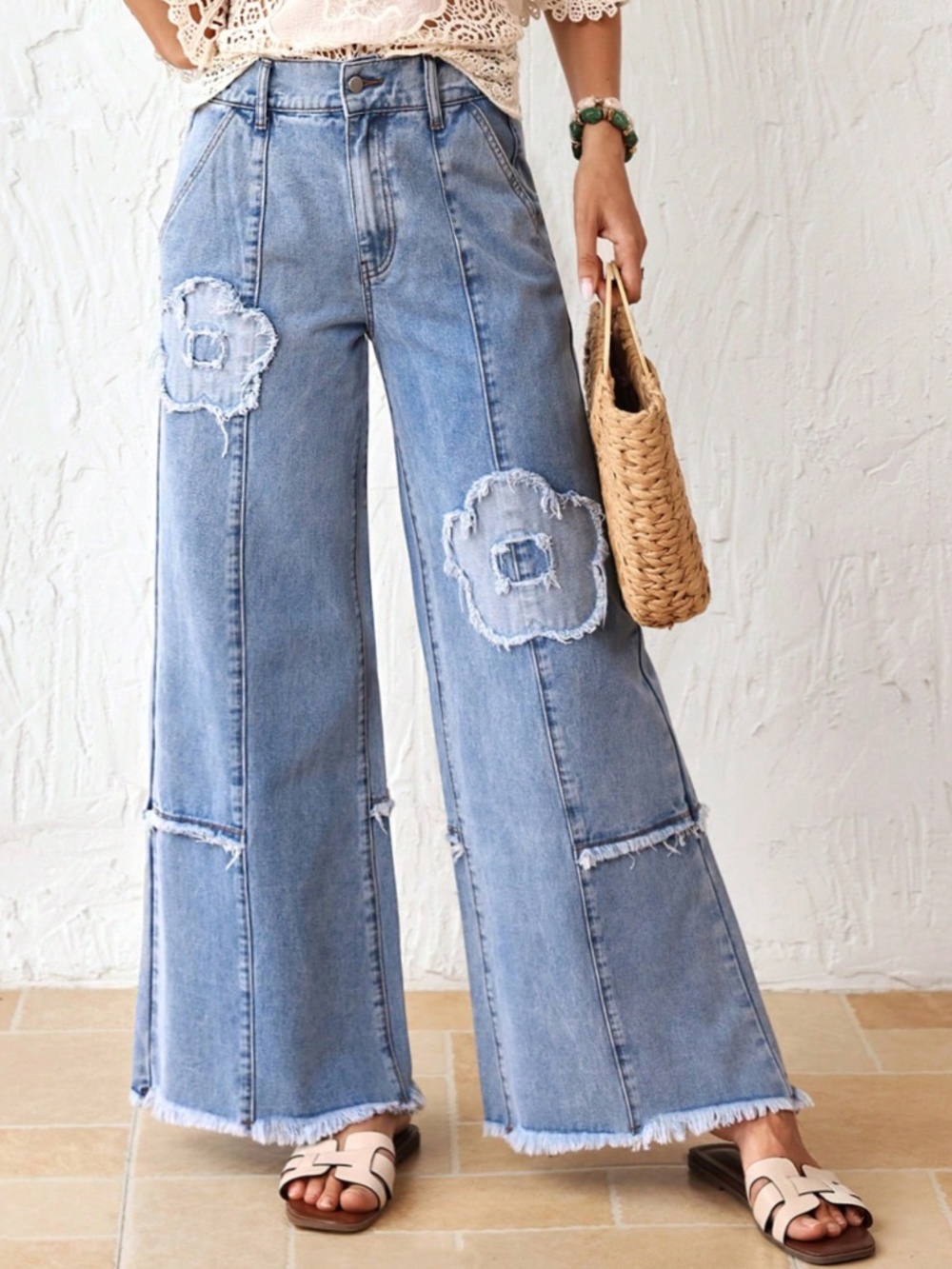 Western Light Wash Flower Patchwork Frayed Hem Wide leg Denim Jeans - Picture 6 of 6